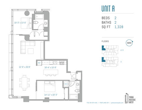 Floor plan for 2 beds, 2 baths, 1328 sqft